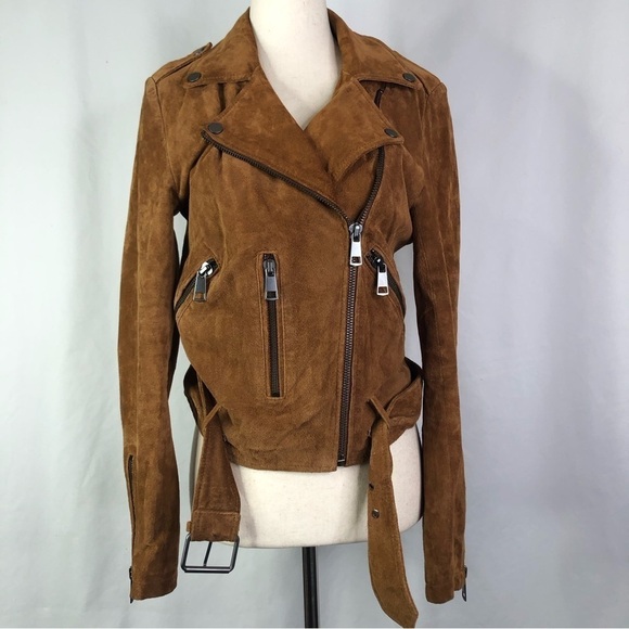 Bagatelle NYC suede motorcycle moto jacket chestnut brown zippered pockets belt - Picture 2 of 12